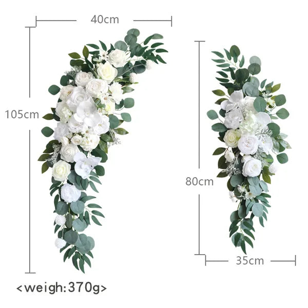 Compositions florales et voilages rustiques pour arche de mariage, article fleurs blanches, eucalyptus
