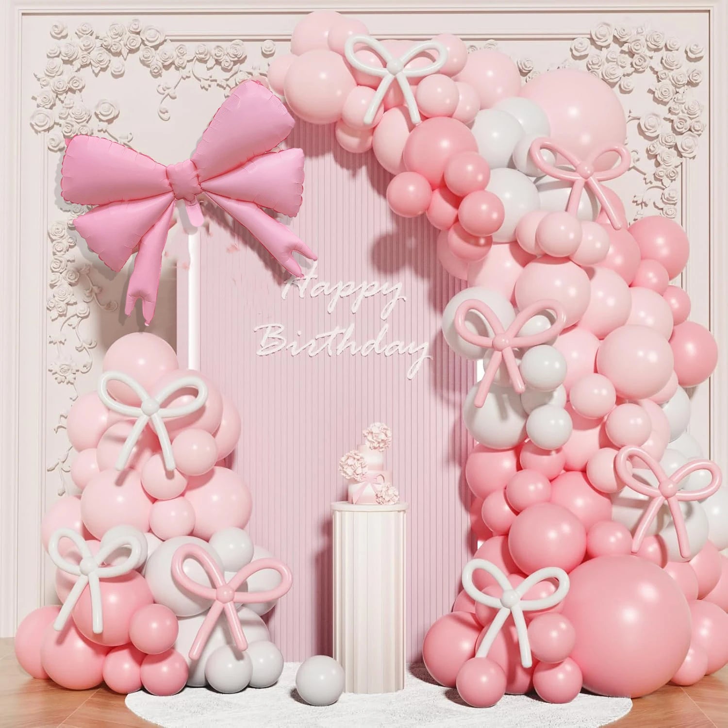 Kit Arche de Ballons Rose et Blanc avec Nœuds, 152 Pièces, vue d'ensemble