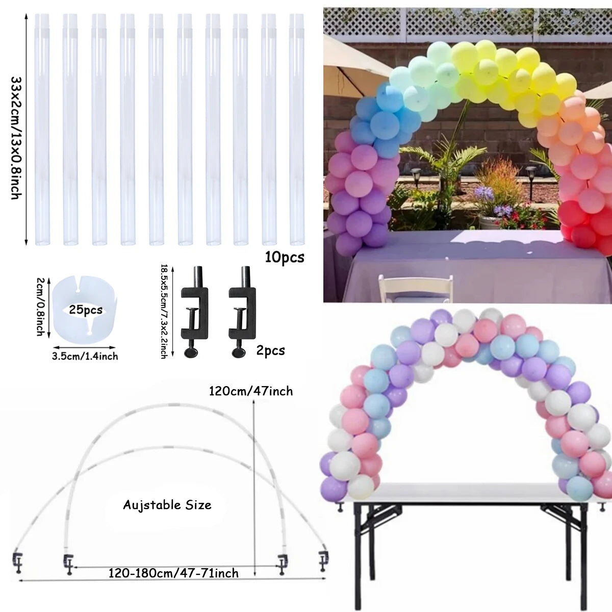 Structure d'Arche de Ballons de Table Réglable, 120 à 180 cm, vue d'ensemble