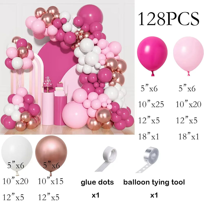 Kit Arche de Ballons Rose Pastel et Blanc, fuchsia, rose, blanc et or rose, 128 pièces