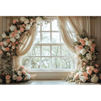 Toile de Fond Florale pour Photocall Mariage, fenêtre à carreaux, rideaux et fleurs blanches