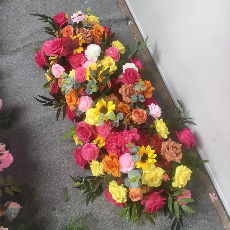 Fleurs pour Arche de Mariage, Rangée Florale 60, 100 ou 200 cm, coloris jaune, orange et rose vif