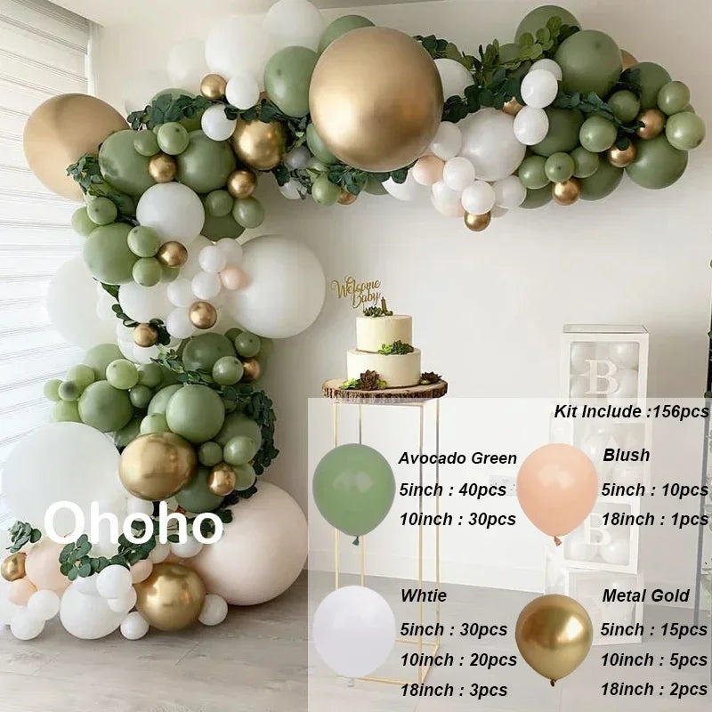 Kit Arche de Ballons Vert Sauge et Sable, vert avocat, rose poudré, blanc et or métallisé, 156 pièces