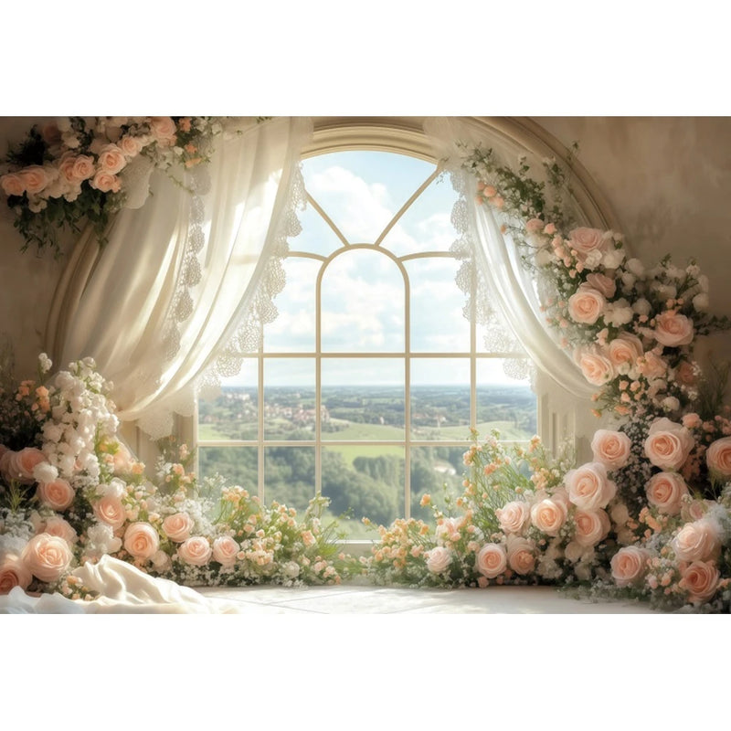Toile de Fond Florale pour Photocall Mariage, fenêtre cintrée, rideaux et roses pêche